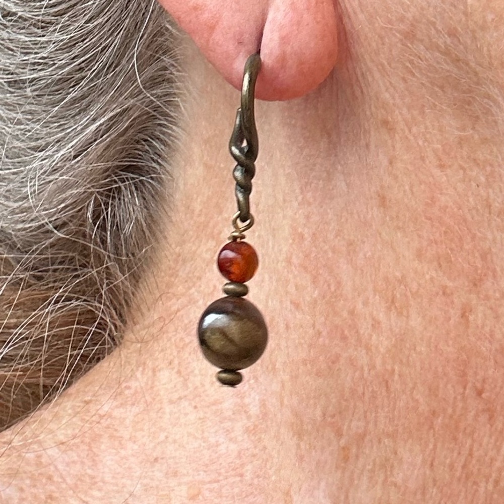 New hand crafted Jasper and Carnelian post Earrings. Bronze Metal.